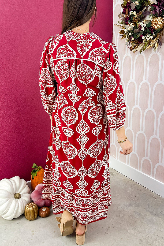A Charming Wine Patterned Midi Dress