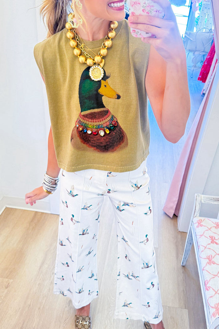 Olive Duck Print Rhinestone Muscle Tee