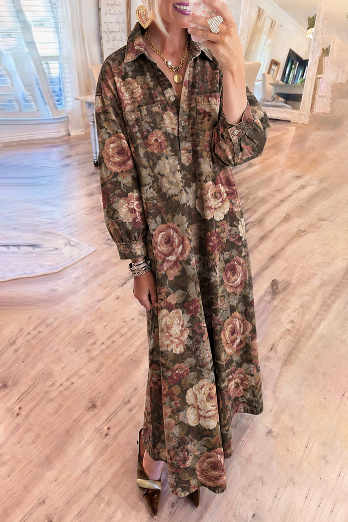 Olive Green Denim Vintage Floral Pockets Maxi Dress