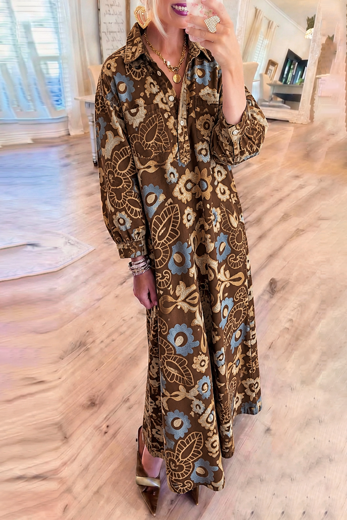 Brown Floral Denim Pockets Maxi Dress