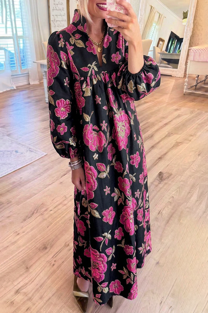 Metallic Floral Jacquard Stand Collar Bubble Sleeve Maxi Dress