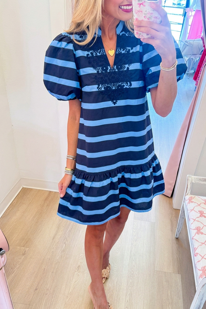 V-Neck Stripe Puff Sleeve Mini Dress