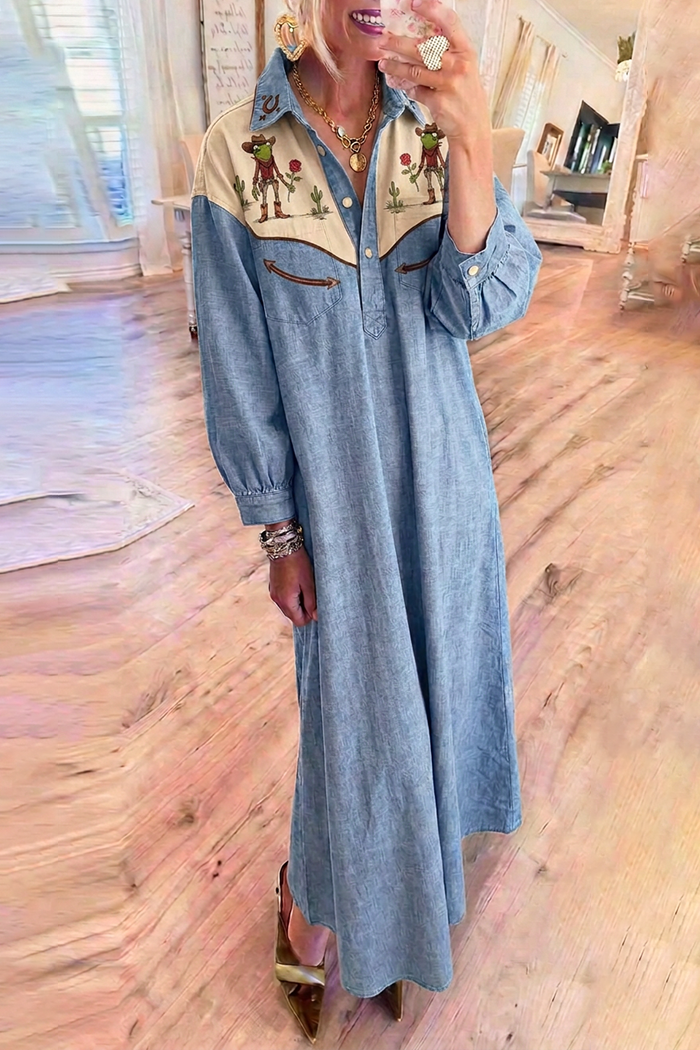 Light Denim Collar Color Block Frog Cowboy Print Puff Sleeve Maxi Dress