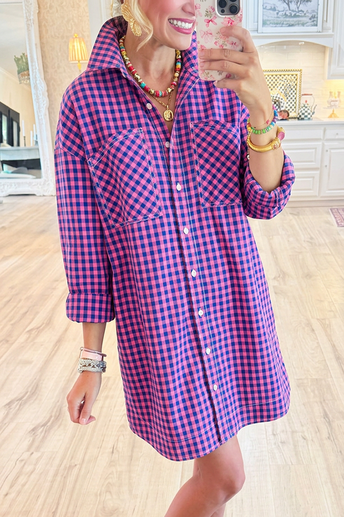Gingham Check Collar Button Front Pockets Shirt Dress