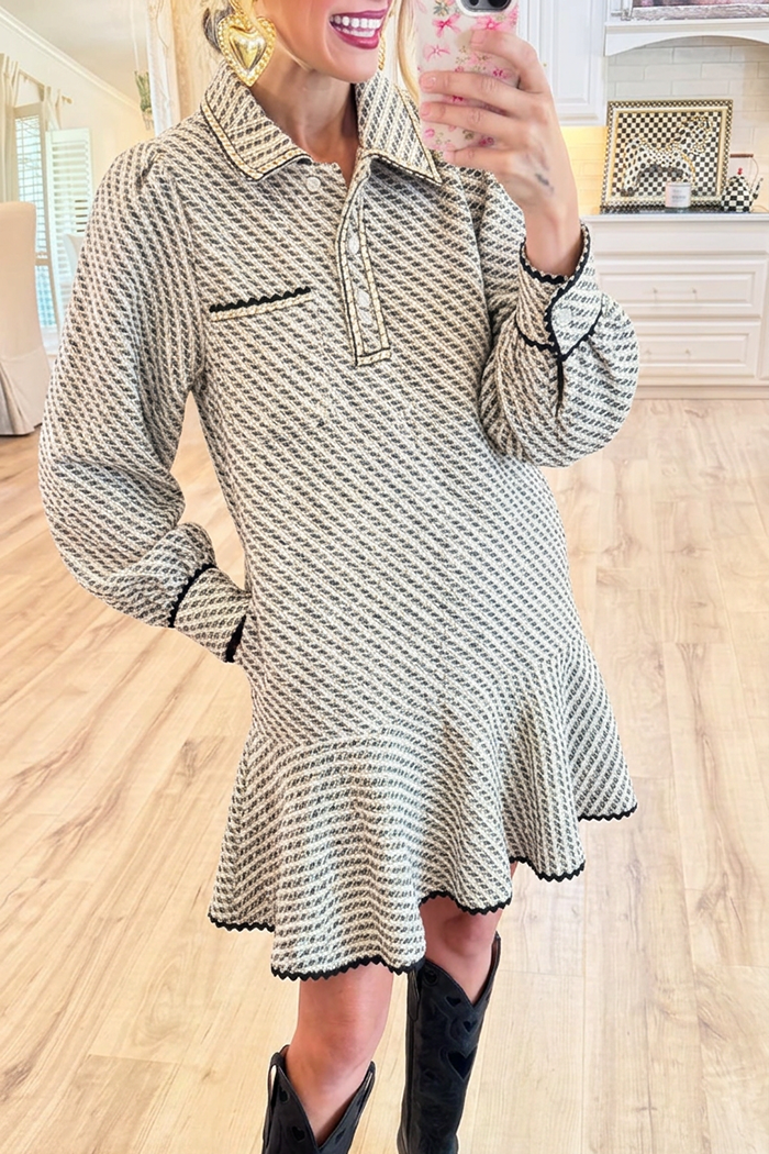 Black White Tweed Collared Pockets Flounce Hem Dress