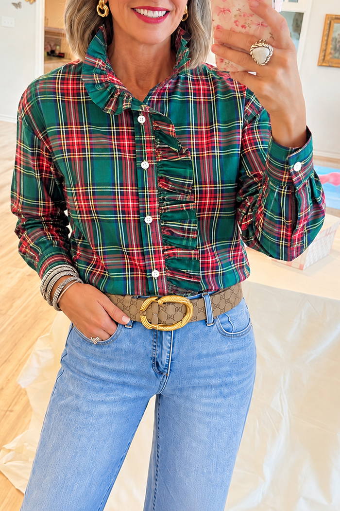 Casual Red And Green Plaid Ruffle Shirt
