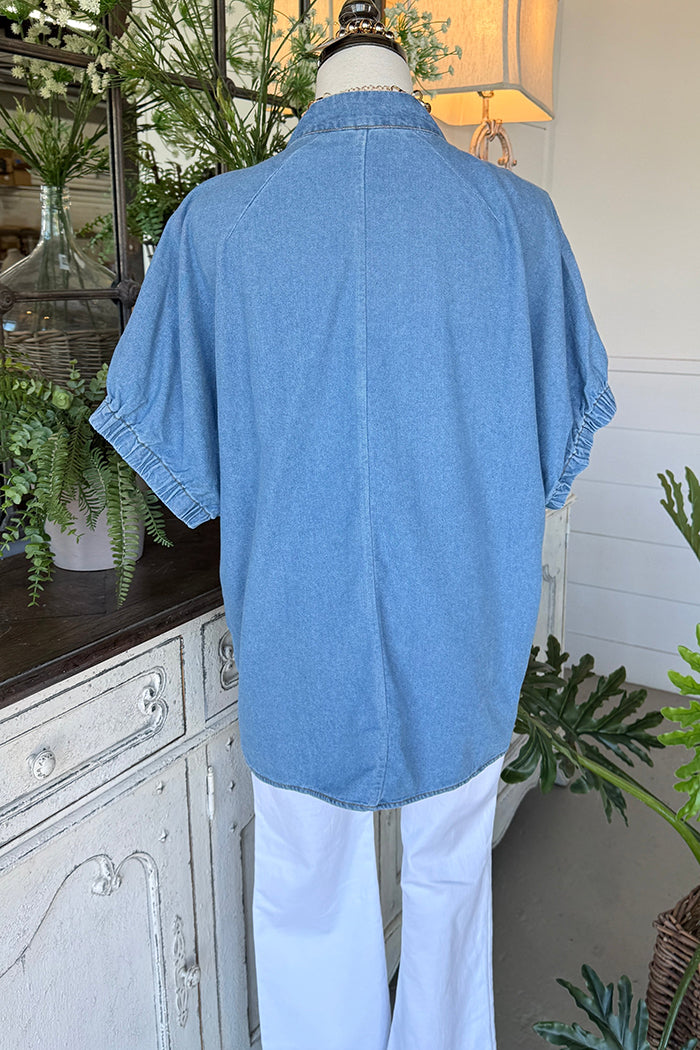 Denim Elastic Cuff Short Sleeve Top