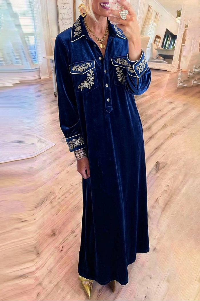 Navy Blue Velvet Embroidered Collared Chest Pocket Maxi Dress