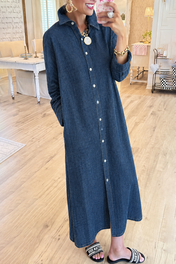 Button Front Long Sleeve Denim Pockets Maxi Dress