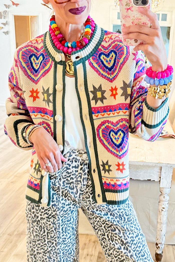 Casual Colorful Heart Knit Cardigan