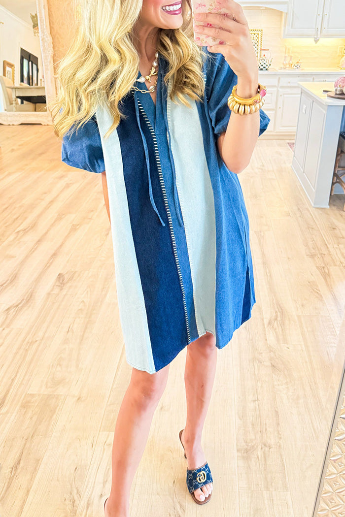 Denim Puff Sleeve Pocket Mini Dress