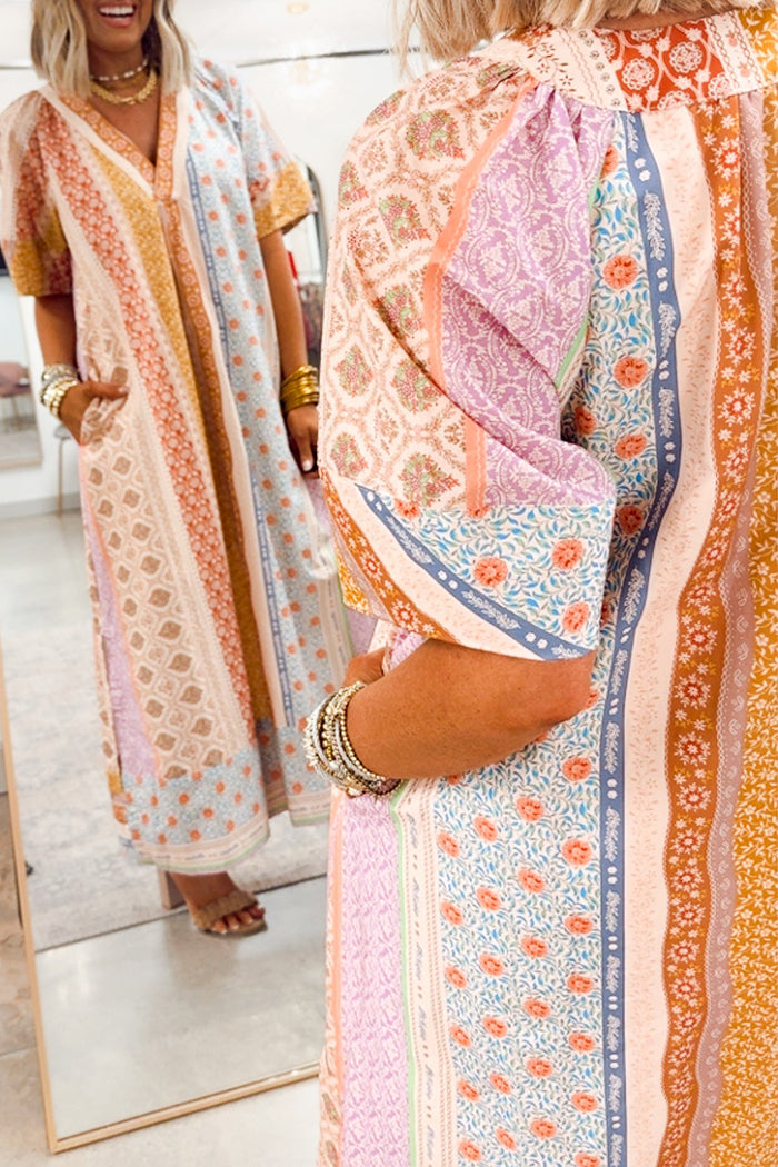 Patchwork Kaftan Pocket Midi Dress