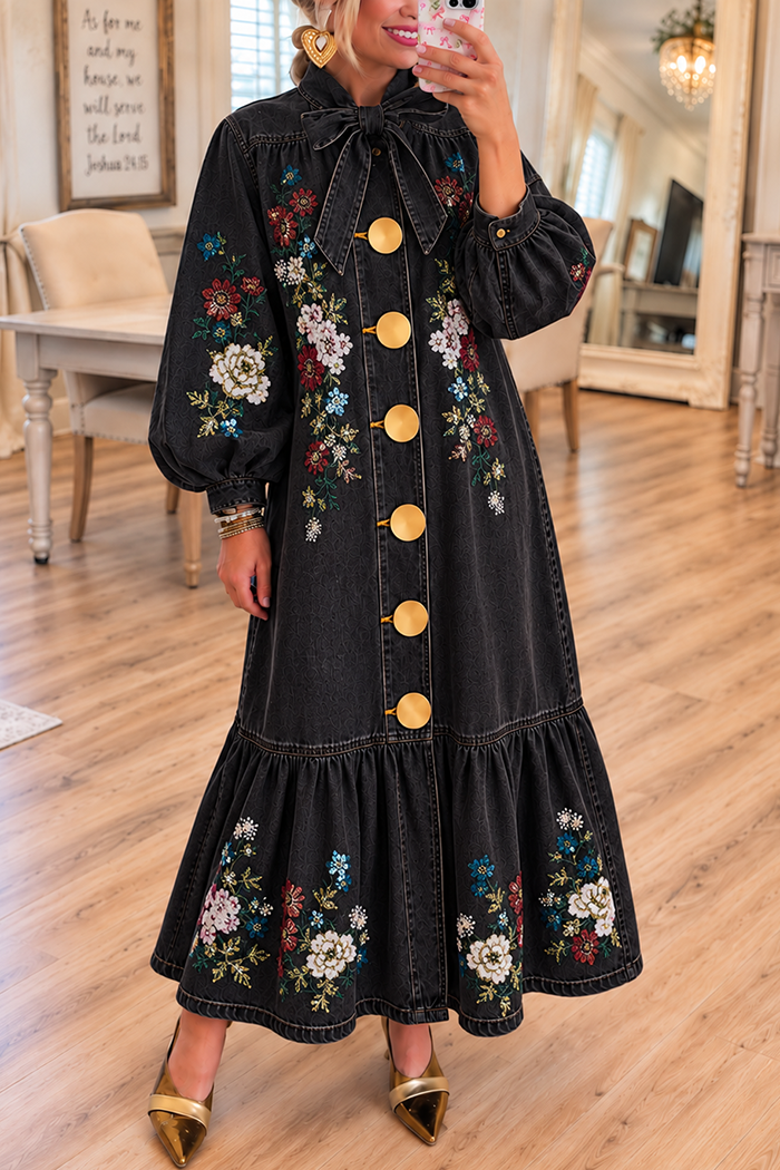 Black Denim Bow Neck Color Floral Embroidery Maxi Dress