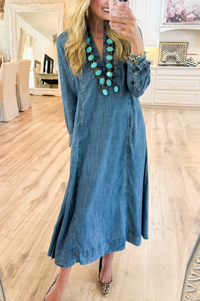 Denim Caftan Pockets Midi Dress