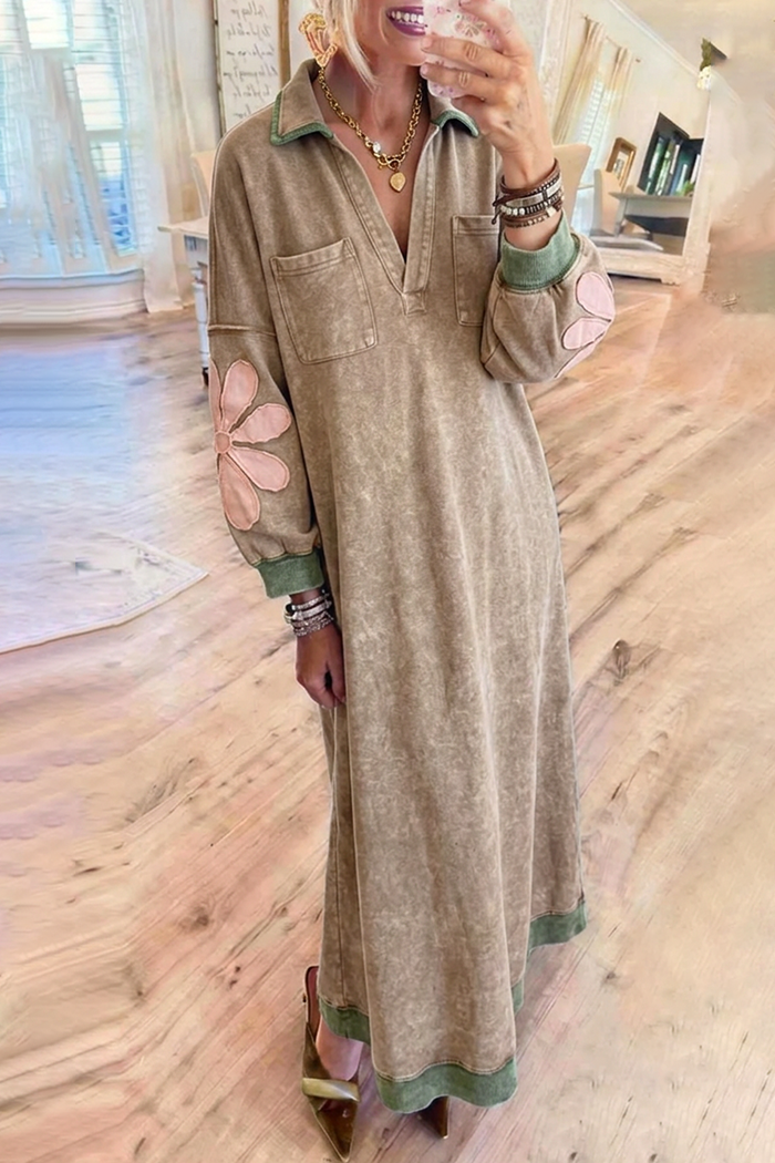 Khaki Floral Applique Pockets Maxi Dress