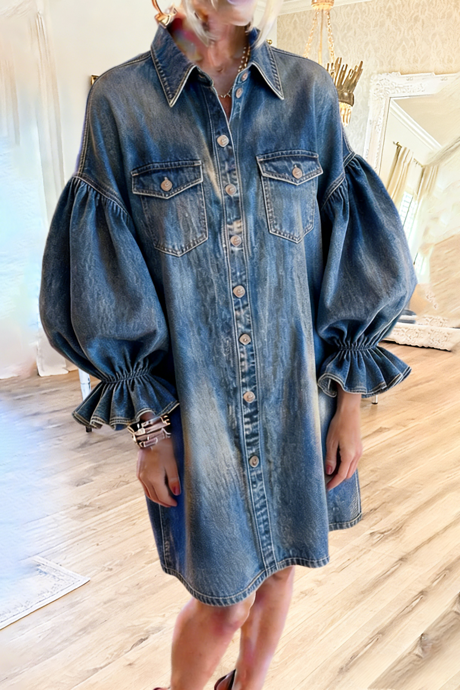 Long Puff Sleeves Chest Pockets Denim Dress  miniesboutique