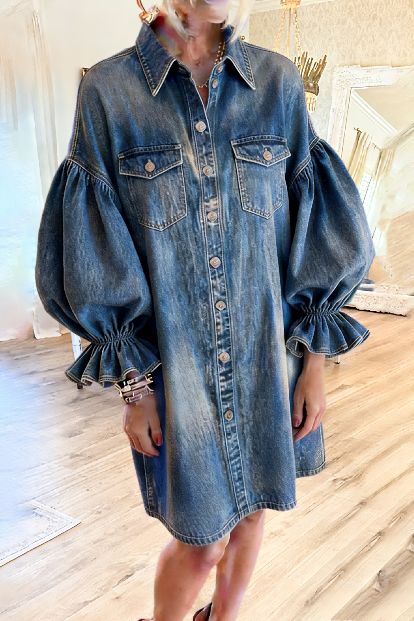 Long Puff Sleeves Chest Pockets Denim Dress