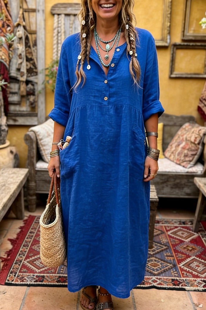 Button Front Pocket 3/4 Sleeve Dress