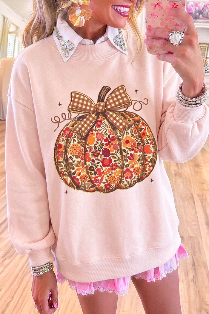 Light Pink Pumpkin Graphic Crew Neck Long Sleeve Sweatshirt