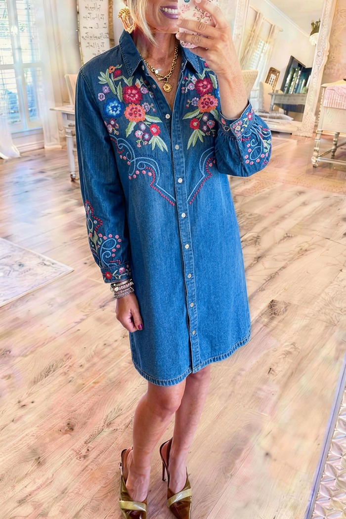 Denim Collared Long Balloon Sleeve Floral Embroidered Shirt Dress