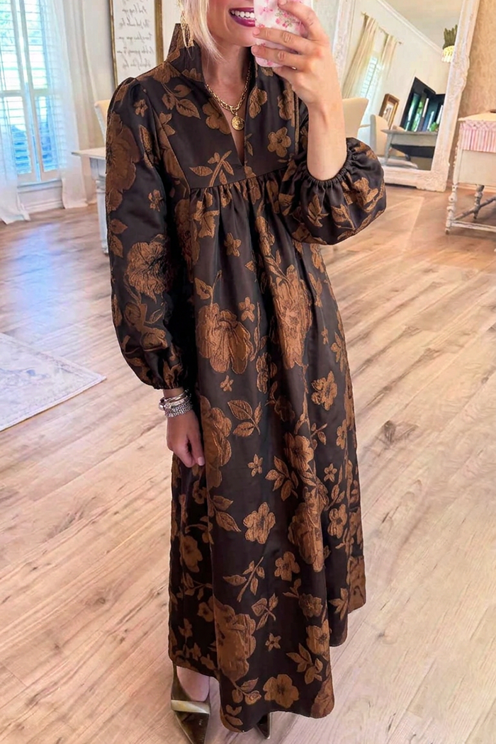 Floral Jacquard Stand Collar Gathered Maxi Dress