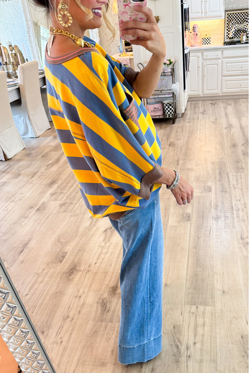 Mustard and Blue Stripe Colorblock Top