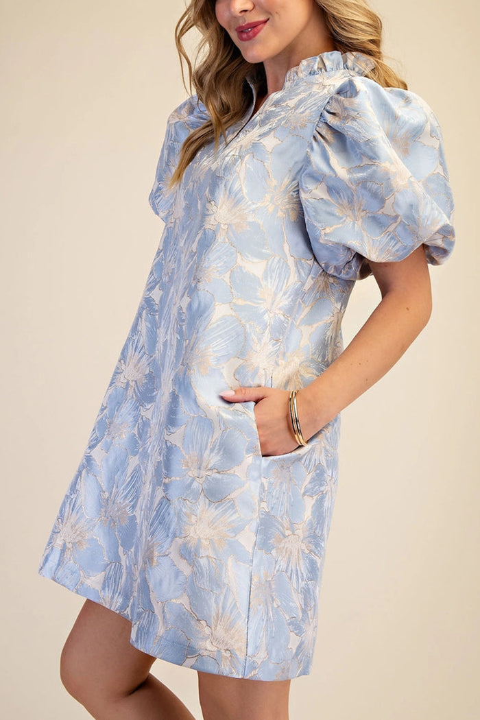 Ruffle V-Neck Puff Sleeve Floral Jacquard Dress