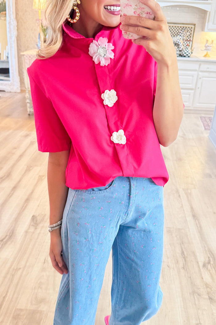Pearl Flower Button Short Sleeve Top