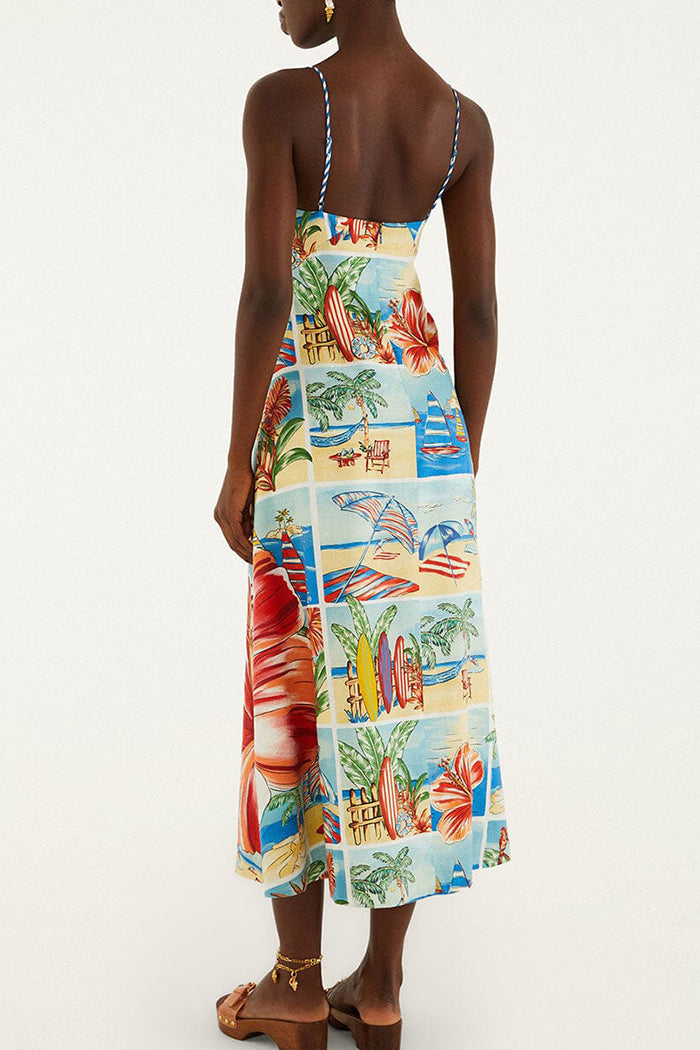 Tropical Vacation Print Striped Strap Maxi Dress