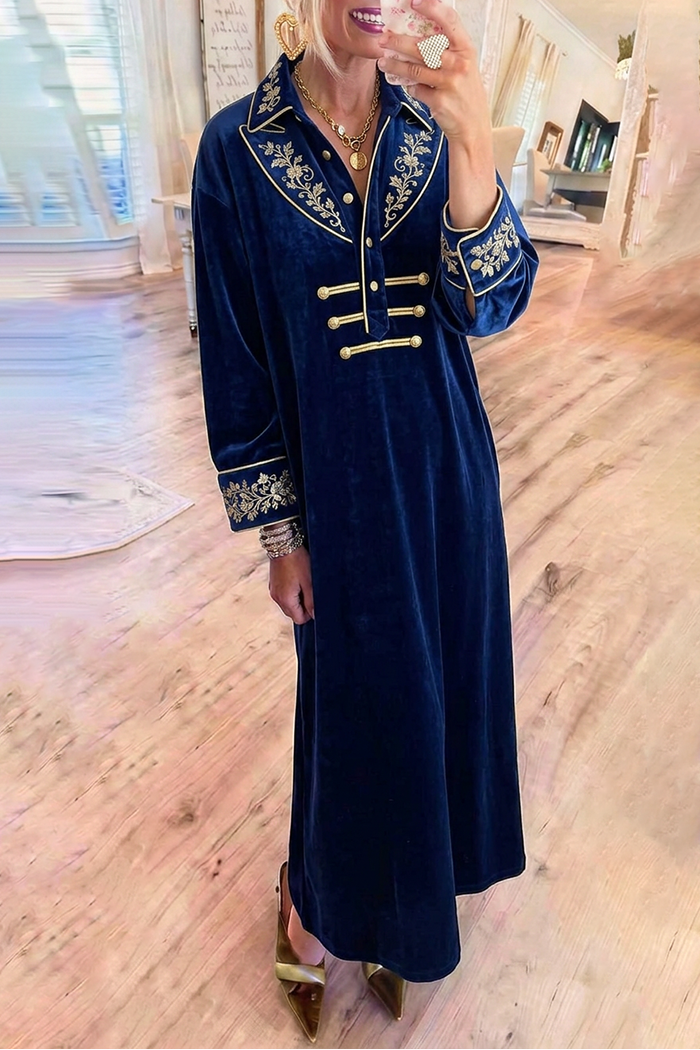 Navy Blue Velvet Gold Embroidered Button Collared Maxi Dress