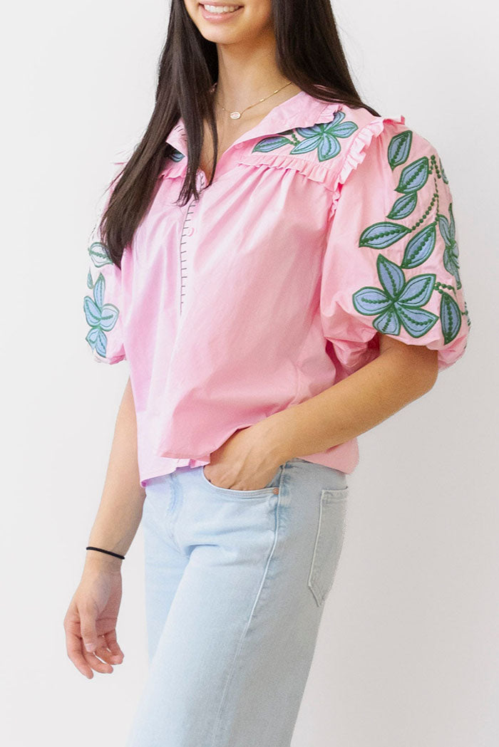 Ruffle Collar Puff Sleeve Button Top