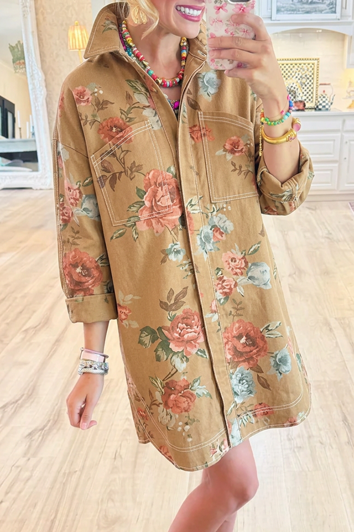 Denim Floral Collared Pockets Shirt Dress