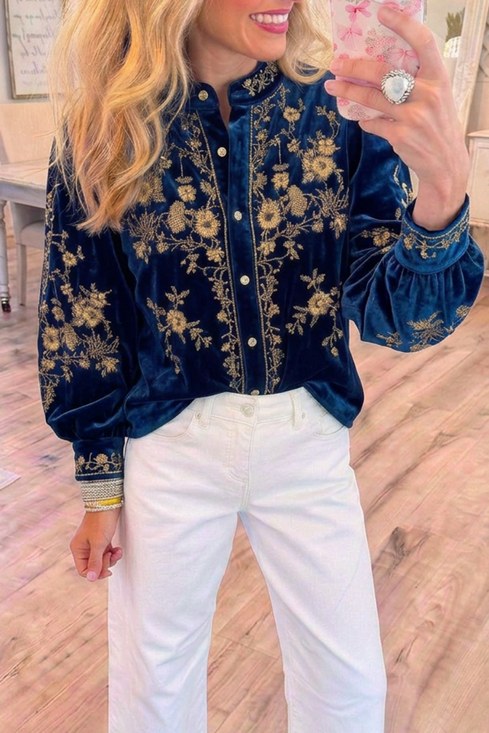 Royal Blue Velvet Gold Tone Floral Long Sleeve Top
