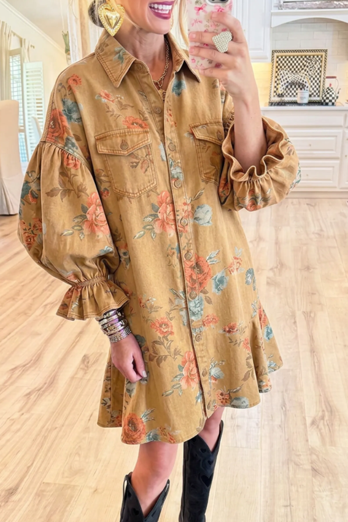 Floral Denim Button Ruffle Sleeve Pocket Dress
