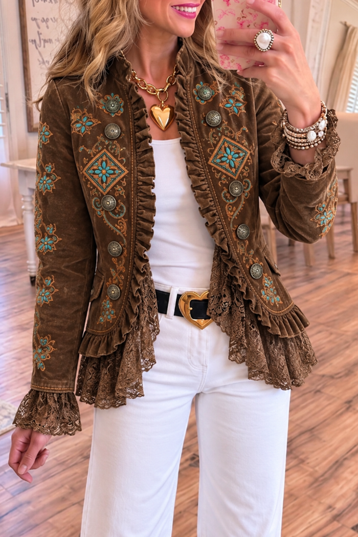 Brown Embroidered Ruffle Lace Jacket