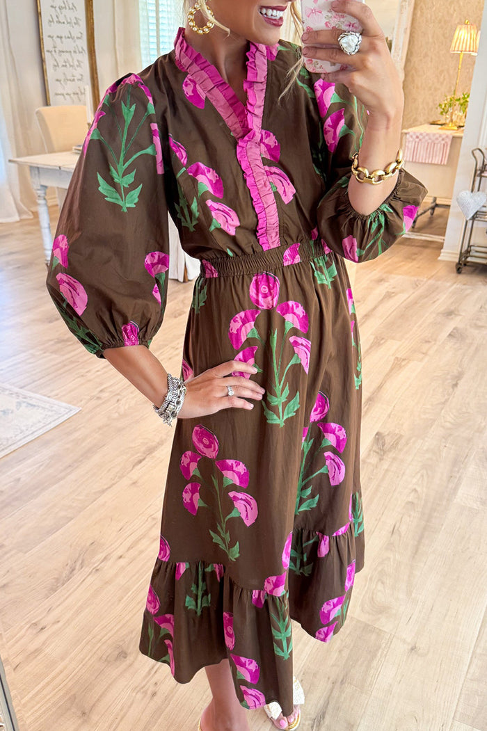 Mix Floral Ruffle Trim Midi Dress