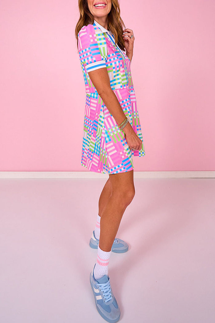 Geo Ribbed Collar Drop Waist Puff Sleeve Dress