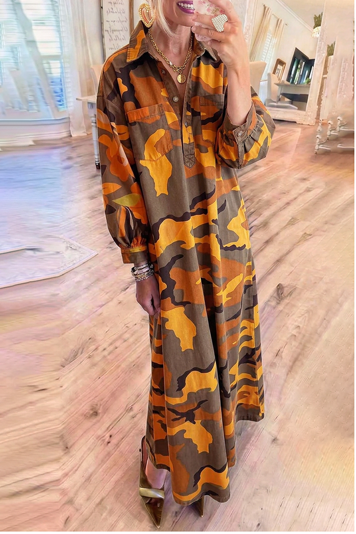 Camo Collared Chest Pocket Balloon Sleeve Maxi Dress