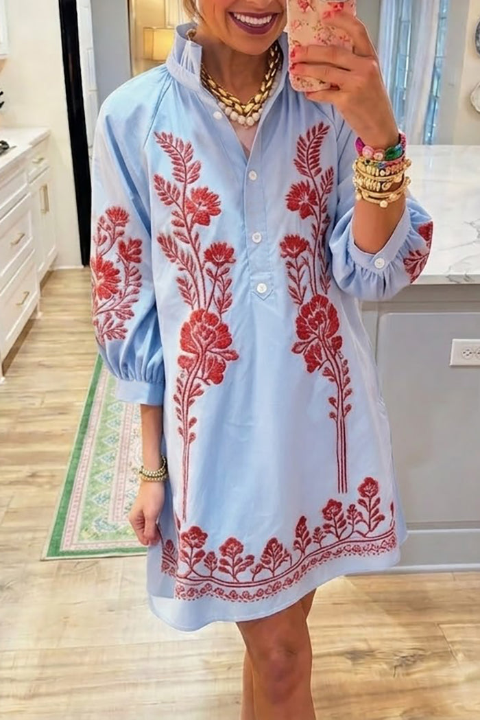 Light Blue Burgundy Floral Stand Collar Balloon Sleeve Dress