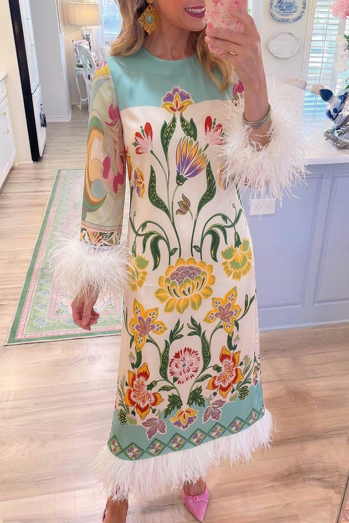 Colorful Floral Round Neck Pocket Feather Trim Dress