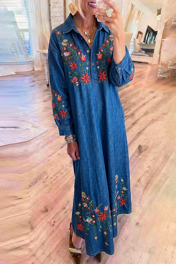 Collared Long Sleeve Henley Placket Floral Embroidered Denim Maxi Dress