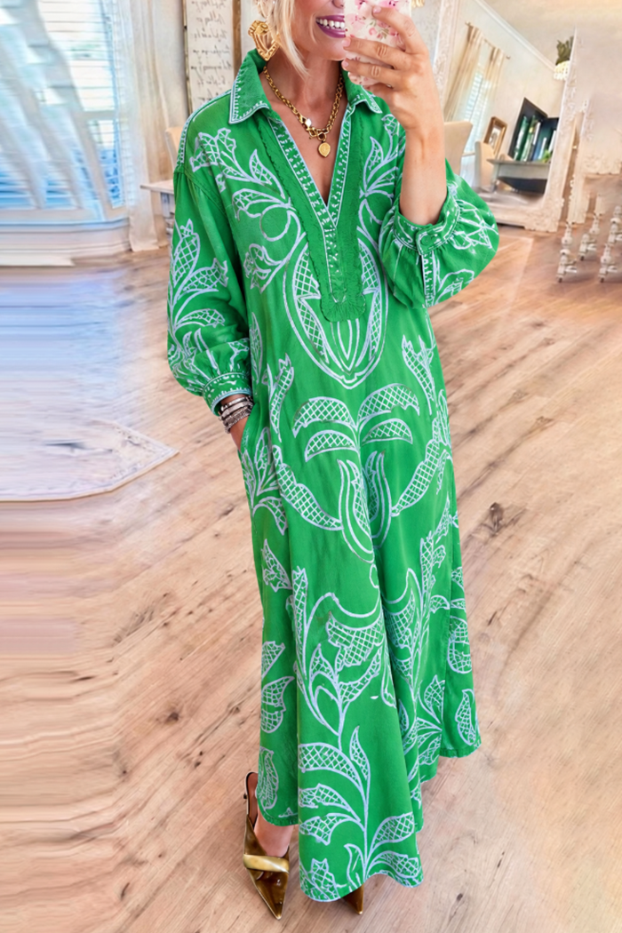 Green White Botanical Print Collared Pocket Maxi Dress