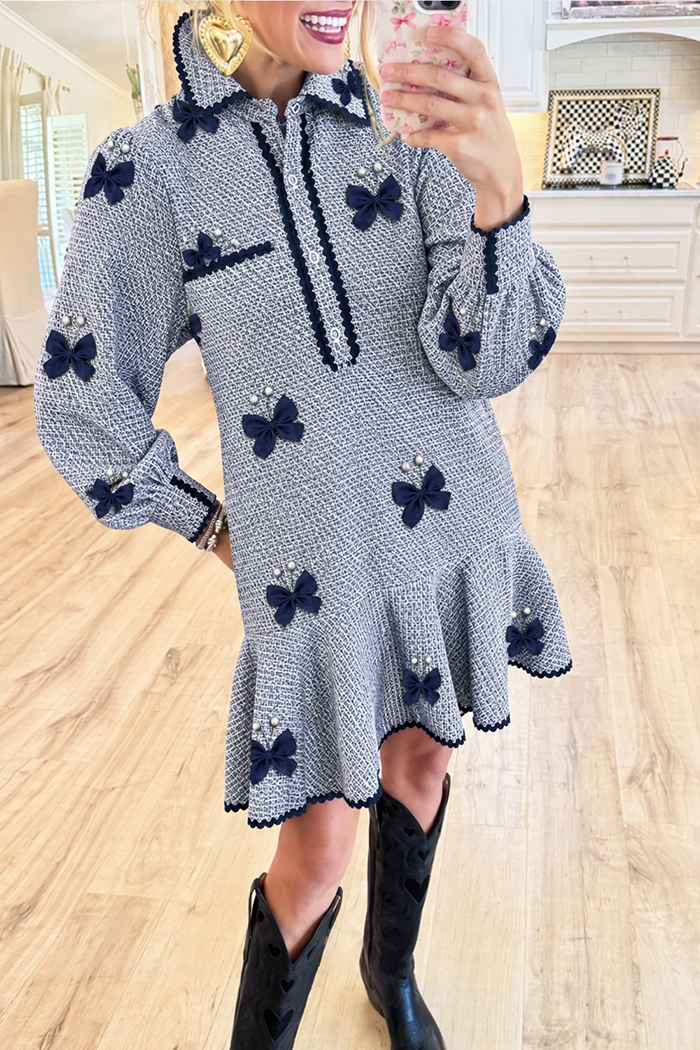 Tweed Collared Butterfly Ruffle Hem Pockets Dress