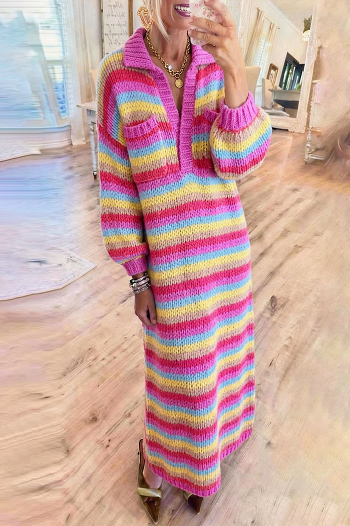 Stripe Collared Half Placket Pockets Knit Maxi Dress
