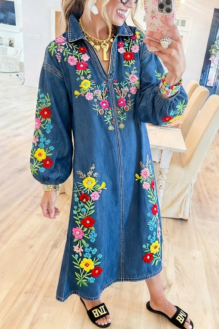 Floral Embroidery Pocket Denim Dress