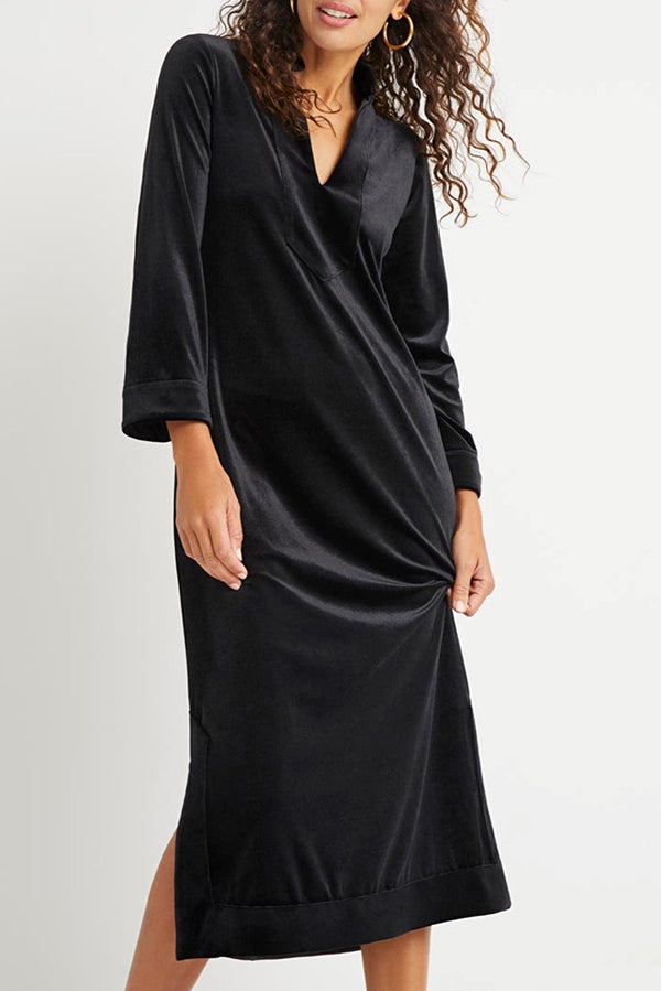 V-Neck Velvet Slit Dress