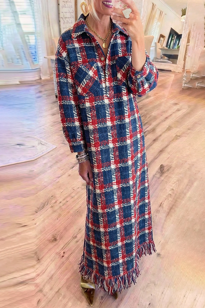 Tweed Plaid Long Sleeves Fringe Hem Chest Pockets Maxi Dress