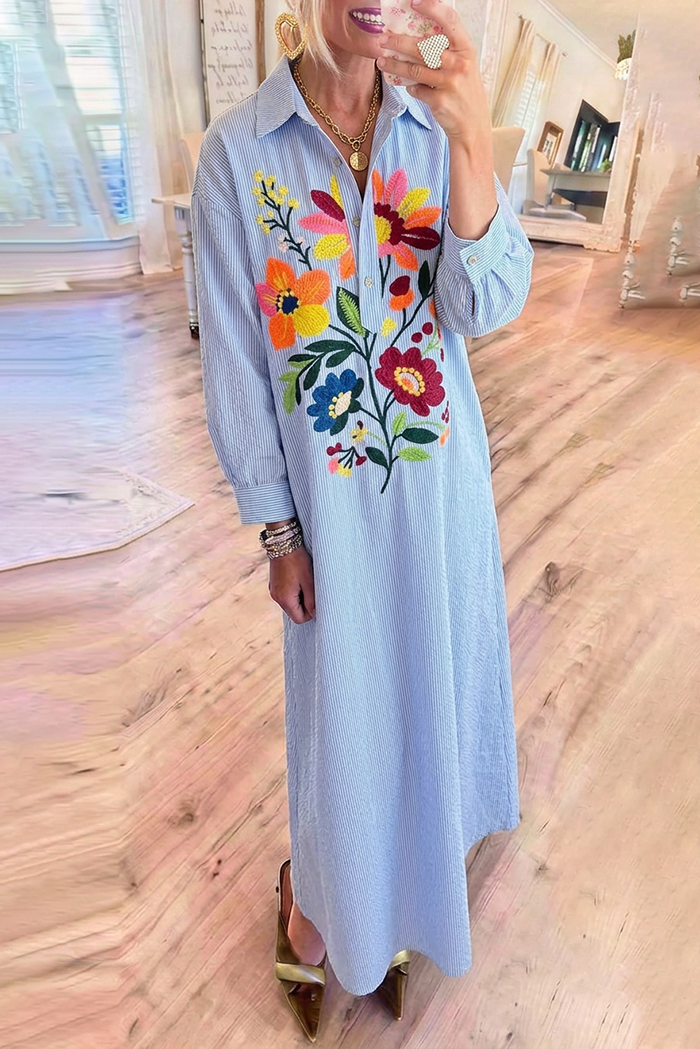 Striped Floral Embroidery Shirt Collar Pockets Maxi Dress