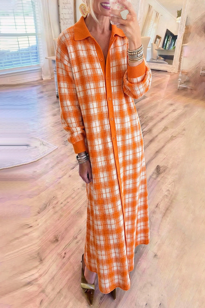 Gingham Jacquard Collared Button Front Long Sleeve Knit Maxi Dress