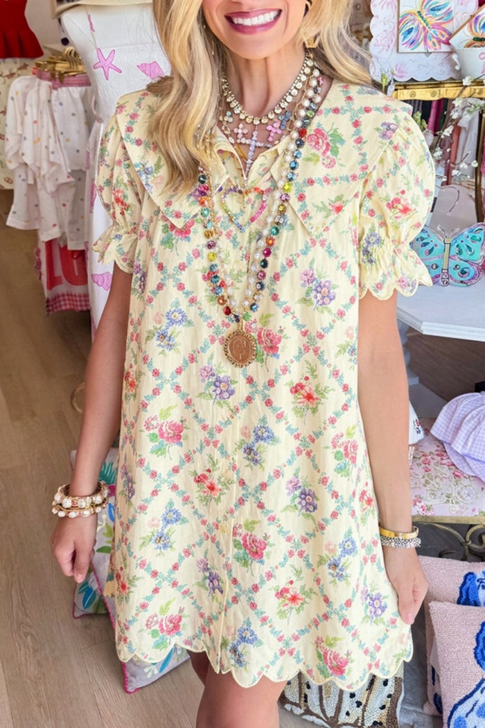 Scallop Hem Floral Puff Sleeve Button Dress